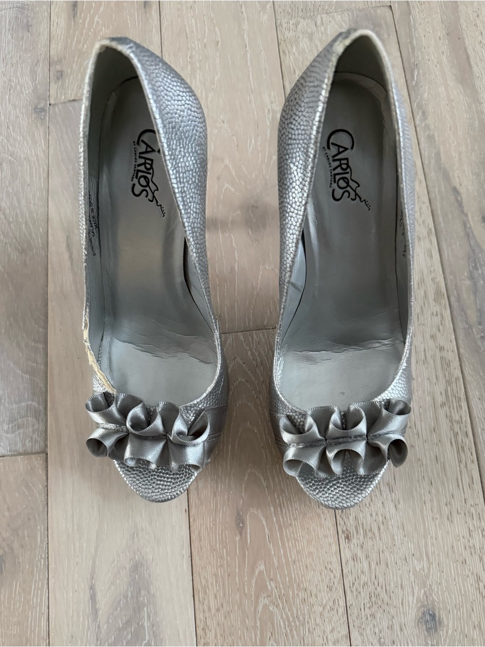 Silver Ruffle Peep-Toe Pumps - Women's 7